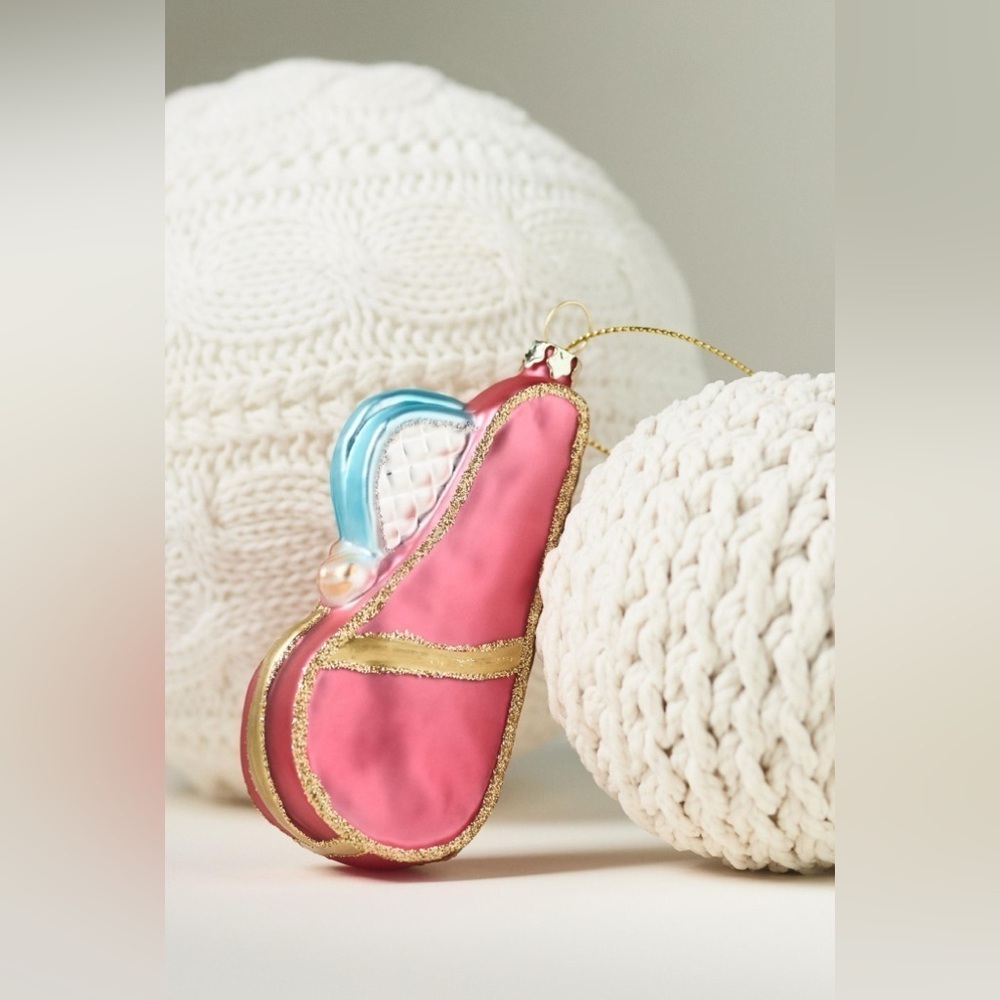 Anthropologie Pink Tennis Bag Hand Glass Blown Ornament Pink Gold 4” NWT